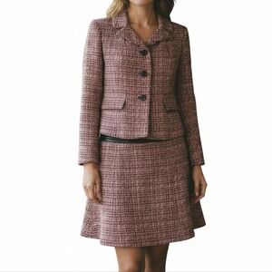 Le Suit Tweed Skirt Suit 12P Brown Olive Flap Pockets Tulip Hem Velvet Buttons